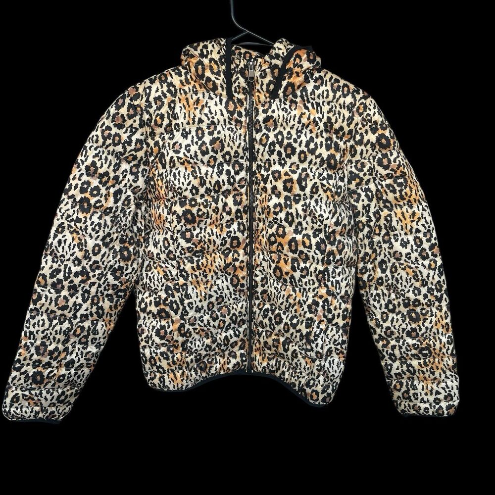 Kosiuko Animal Print Down Jacket Womens Small Full Zip Hooded Lightweight Puffer